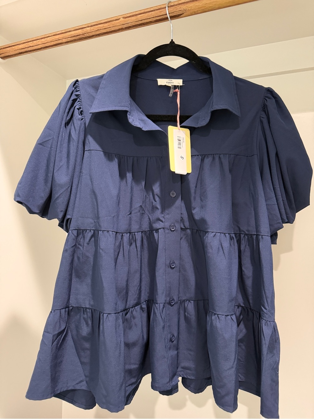 ENTRO Navy Tiered Button-Front Blouse